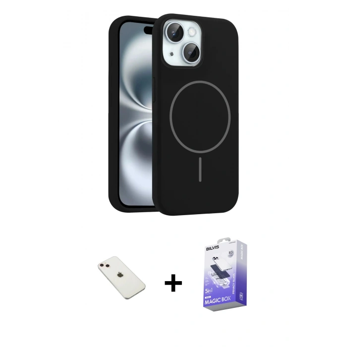 MARSİLYAN™- iPhone 14 Kılıf Yankı Form Serisi - Siyah Bilvis 5in1 5D Magic Hayalet Cam Ekran Koruyucu + Diamond Kamera Lens - PE