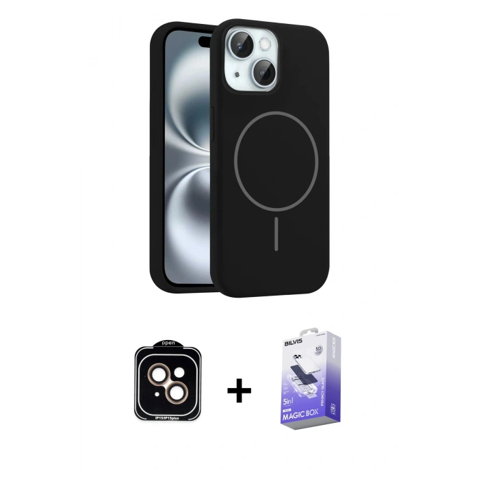 MARSİLYAN™- iPhone 14 Kılıf Yankı Form Serisi - Siyah Bilvis 5in1 5D Magic Hayalet Cam Ekran Koruyucu + PVD Metal Kamera Lens - TU