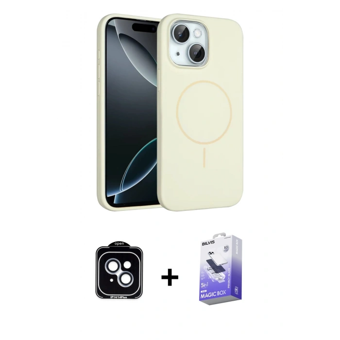 MARSİLYAN™- iPhone 14 Kılıf Yankı Form Serisi - Siyah Bilvis 5in1 5D Magic Hayalet Cam Ekran Koruyucu + PVD Metal Kamera Lens - MI
