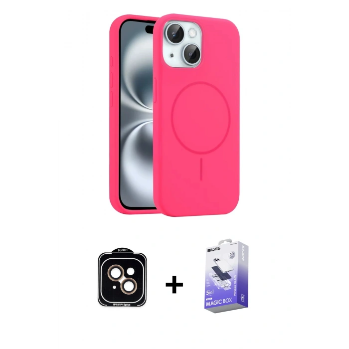 MARSİLYAN™- iPhone 14 Kılıf Yankı Form Serisi - Siyah Bilvis 5in1 5D Magic Hayalet Cam Ekran Koruyucu + PVD Metal Kamera Lens - TU