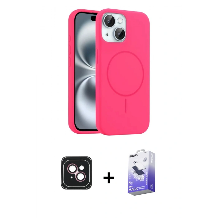 MARSİLYAN™- iPhone 14 Kılıf Yankı Form Serisi - Siyah Bilvis 5in1 5D Magic Hayalet Cam Ekran Koruyucu + PVD Metal Kamera Lens - PE