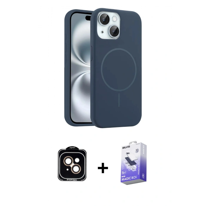 MARSİLYAN™- iPhone 14 Kılıf Yankı Form Serisi - Siyah Bilvis 5in1 5D Magic Hayalet Cam Ekran Koruyucu + PVD Metal Kamera Lens - TU