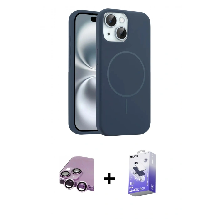 MARSİLYAN™- iPhone 14 Kılıf Yankı Form Serisi - Siyah Bilvis 5in1 5D Magic Hayalet Cam Ekran Koruyucu + Raze Metal Kamera Lens - MR