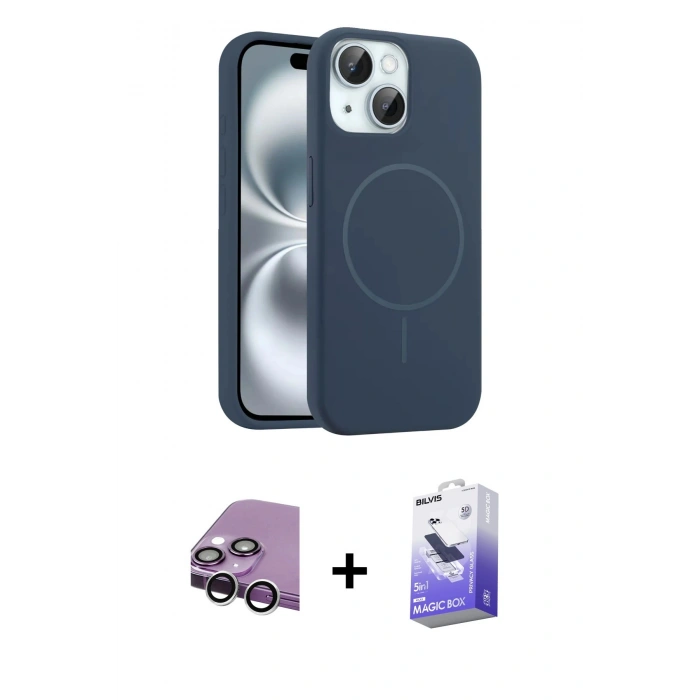 MARSİLYAN™- iPhone 14 Kılıf Yankı Form Serisi - Siyah Bilvis 5in1 5D Magic Hayalet Cam Ekran Koruyucu + Raze Metal Kamera Lens - GS