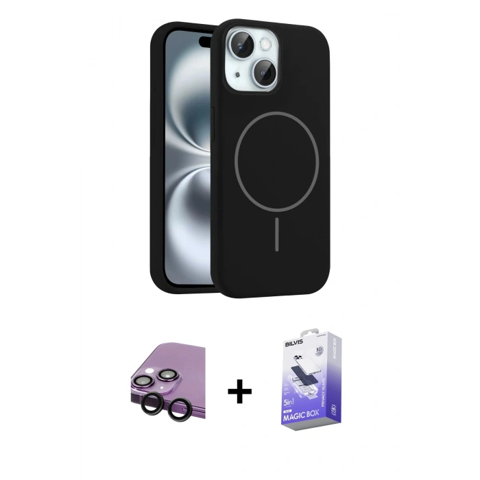 MARSİLYAN™- iPhone 14 Kılıf Yankı Form Serisi - Siyah Bilvis 5in1 5D Magic Hayalet Cam Ekran Koruyucu + Raze Metal Kamera Lens - SH