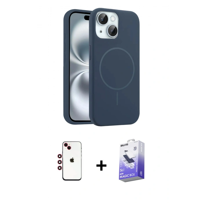 MARSİLYAN™- iPhone 14 Kılıf Yankı Form Serisi - Siyah Bilvis 5in1 5D Magic Hayalet Cam Ekran Koruyucu + Shine Kamera Lens - KI