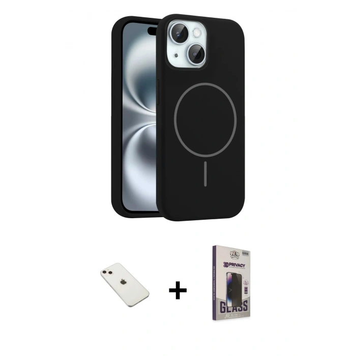 MARSİLYAN™- iPhone 14 Kılıf Yankı Form Serisi - Siyah Bilvis Hayalet Cam Ekran Koruyucu + Diamond Kamera Lens - PE