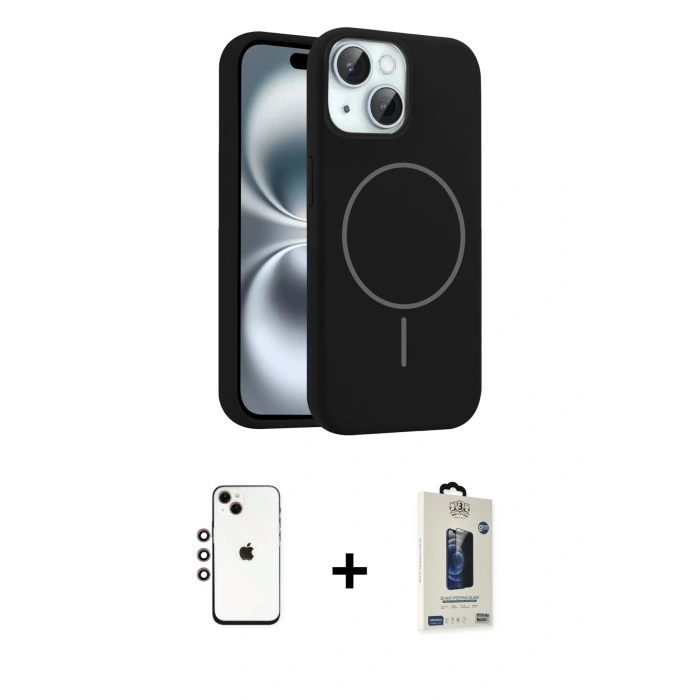 MARSİLYAN™- iPhone 14 Kılıf Yankı Form Serisi - Siyah Bilvis Hayalet Cam Ekran Koruyucu + Shine Kamera Lens - GI