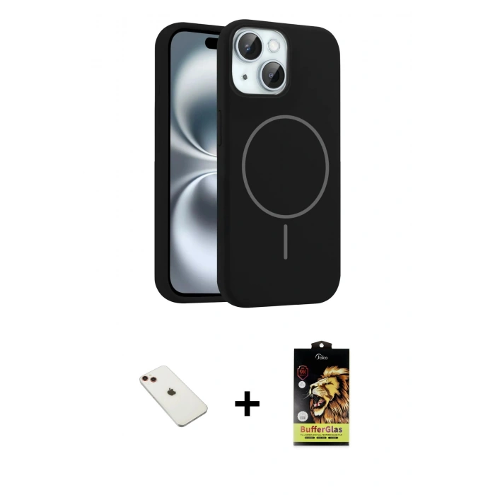 MARSİLYAN™- iPhone 14 Kılıf Yankı Form Serisi - Siyah Buffer Cam Ekran Koruyucu + Diamond Kamera Lens - KI
