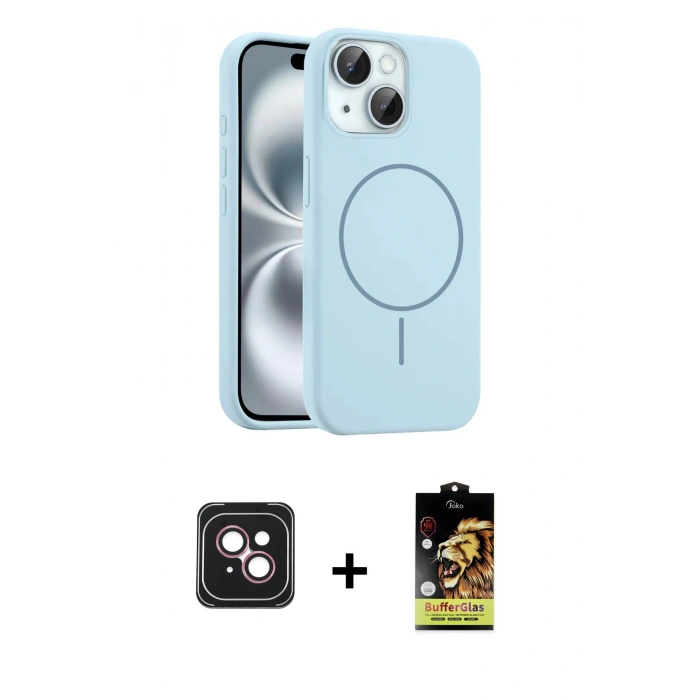 MARSİLYAN™- iPhone 14 Kılıf Yankı Form Serisi - Siyah Buffer Cam Ekran Koruyucu + PVD Metal Kamera Lens - PE