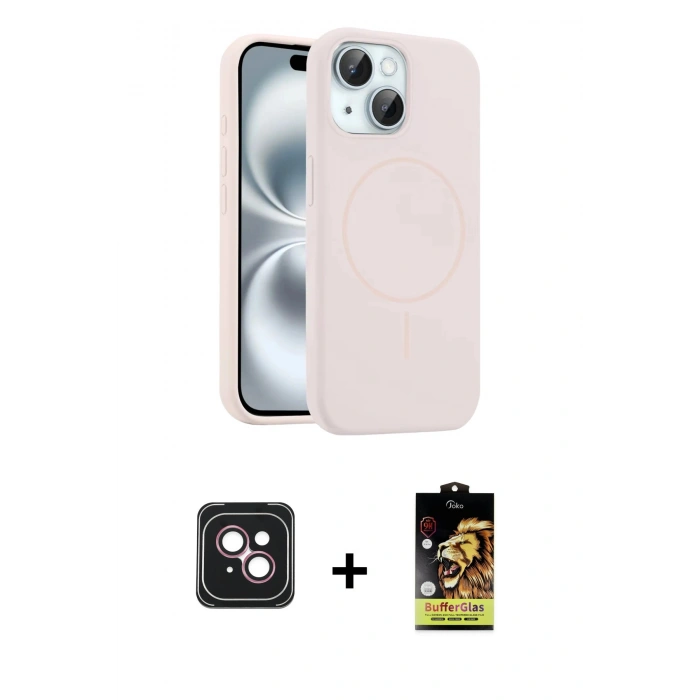 MARSİLYAN™- iPhone 14 Kılıf Yankı Form Serisi - Siyah Buffer Cam Ekran Koruyucu + PVD Metal Kamera Lens - PE