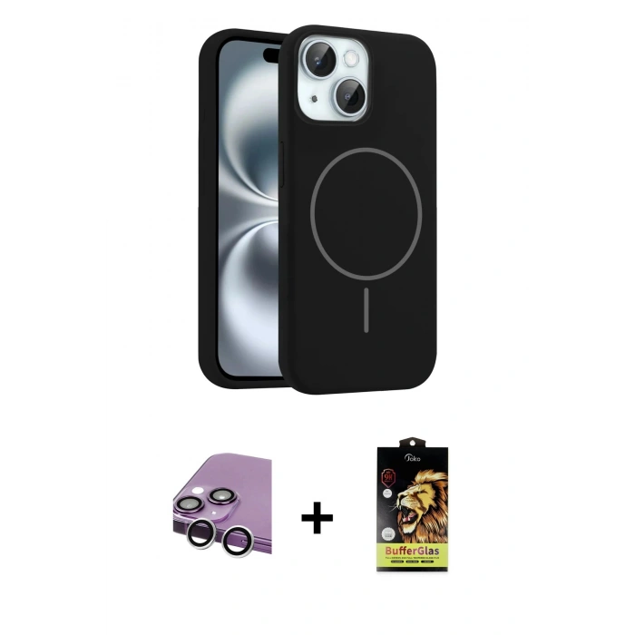 MARSİLYAN™- iPhone 14 Kılıf Yankı Form Serisi - Siyah Buffer Cam Ekran Koruyucu + Raze Metal Kamera Lens - GS
