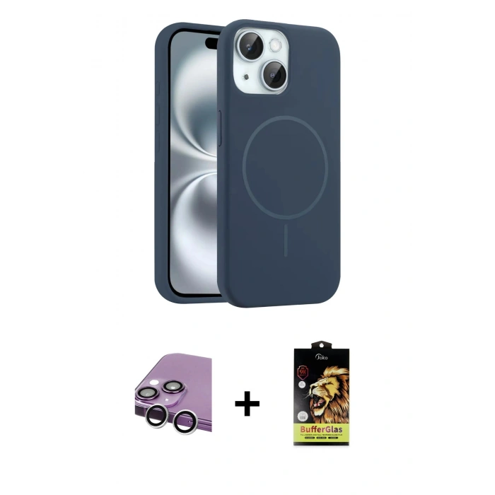 MARSİLYAN™- iPhone 14 Kılıf Yankı Form Serisi - Siyah Buffer Cam Ekran Koruyucu + Raze Metal Kamera Lens - GS
