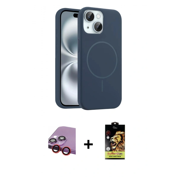 MARSİLYAN™- iPhone 14 Kılıf Yankı Form Serisi - Siyah Buffer Cam Ekran Koruyucu + Raze Metal Kamera Lens - KI