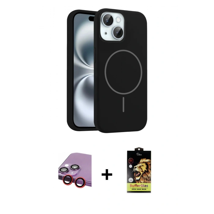 MARSİLYAN™- iPhone 14 Kılıf Yankı Form Serisi - Siyah Buffer Cam Ekran Koruyucu + Raze Metal Kamera Lens - KI