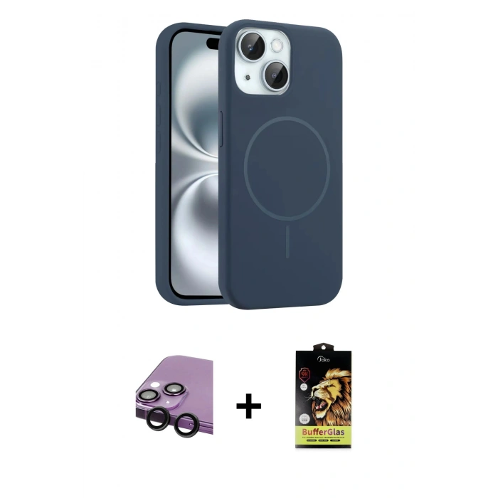 MARSİLYAN™- iPhone 14 Kılıf Yankı Form Serisi - Siyah Buffer Cam Ekran Koruyucu + Raze Metal Kamera Lens - SH