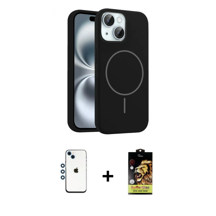 MARSİLYAN™- iPhone 14 Kılıf Yankı Form Serisi - Siyah Buffer Cam Ekran Koruyucu + Shine Kamera Lens - MI