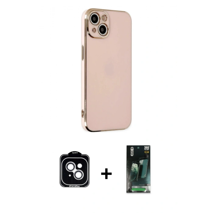 MARSİLYAN™- iPhone 14 Kılıf Yankı Serisi - Şeffaf 360 Full Body Arka Koruyucu + PVD Metal Kamera Lens - GS