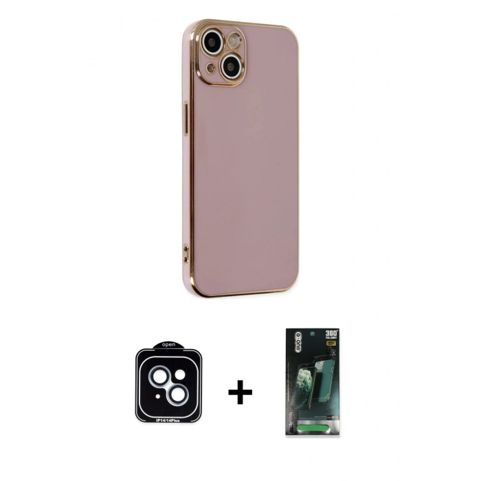MARSİLYAN™- iPhone 14 Kılıf Yankı Serisi - Şeffaf 360 Full Body Arka Koruyucu + PVD Metal Kamera Lens - MI