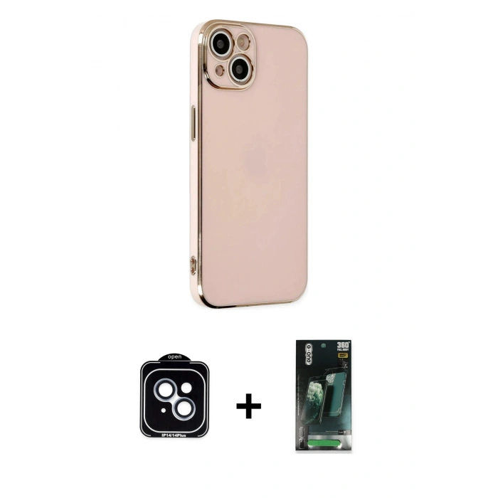 MARSİLYAN™- iPhone 14 Kılıf Yankı Serisi - Şeffaf 360 Full Body Arka Koruyucu + PVD Metal Kamera Lens - MI