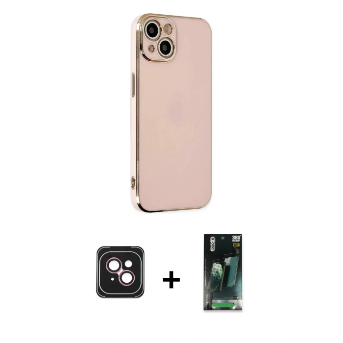 MARSİLYAN™- iPhone 14 Kılıf Yankı Serisi - Şeffaf 360 Full Body Arka Koruyucu + PVD Metal Kamera Lens - PE