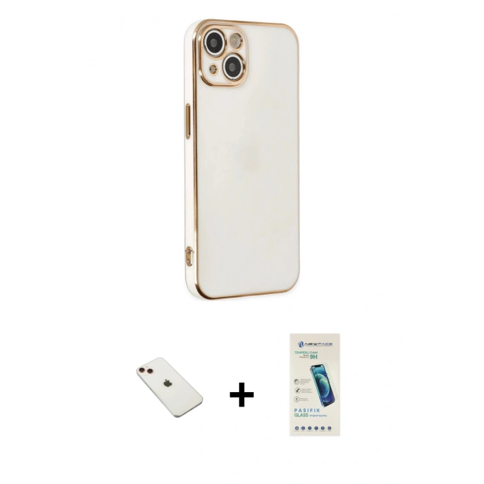 MARSİLYAN™- iPhone 14 Kılıf Yankı Serisi - Şeffaf Pasifik Cam Ekran Koruyucu + Diamond Kamera Lens - KI