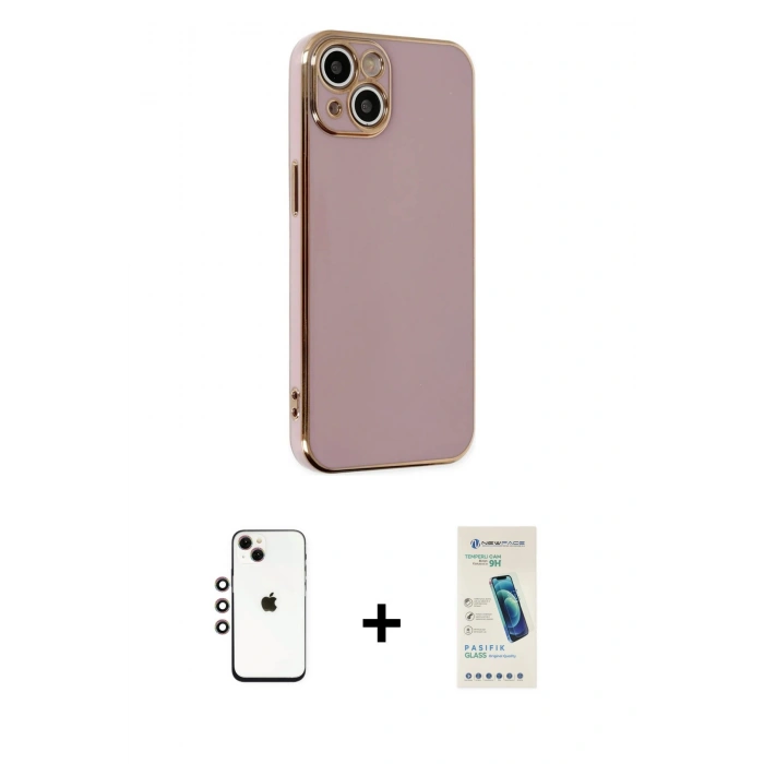 MARSİLYAN™- iPhone 14 Kılıf Yankı Serisi - Şeffaf Pasifik Cam Ekran Koruyucu + Shine Kamera Lens - GI