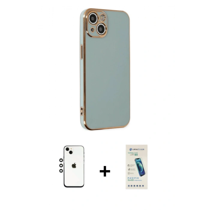 MARSİLYAN™- iPhone 14 Kılıf Yankı Serisi - Şeffaf Pasifik Cam Ekran Koruyucu + Shine Kamera Lens - GS