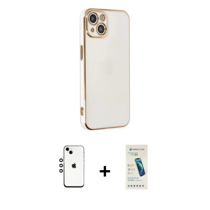MARSİLYAN™- iPhone 14 Kılıf Yankı Serisi - Şeffaf Pasifik Cam Ekran Koruyucu + Shine Kamera Lens - GS
