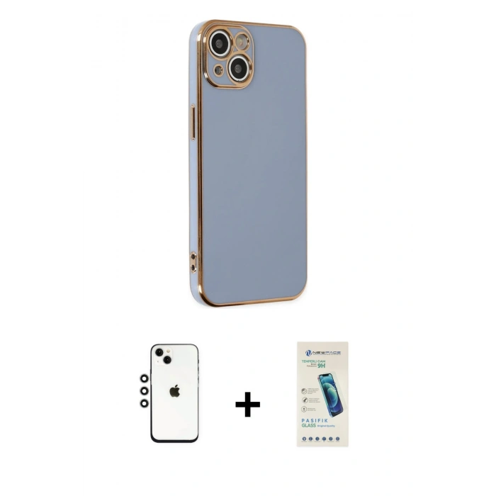 MARSİLYAN™- iPhone 14 Kılıf Yankı Serisi - Şeffaf Pasifik Cam Ekran Koruyucu + Shine Kamera Lens - GS