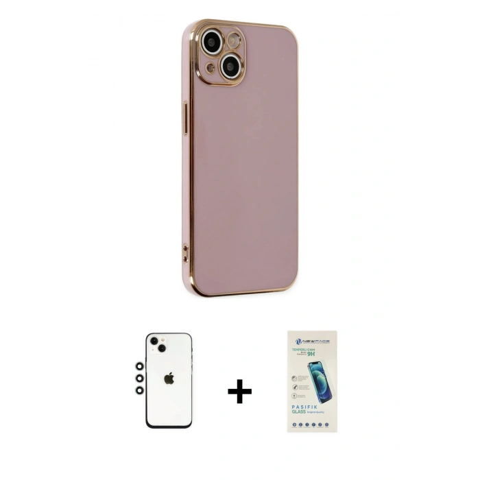 MARSİLYAN™- iPhone 14 Kılıf Yankı Serisi - Şeffaf Pasifik Cam Ekran Koruyucu + Shine Kamera Lens - GS