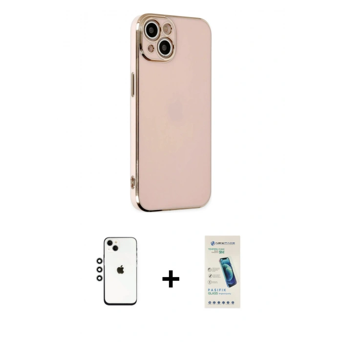MARSİLYAN™- iPhone 14 Kılıf Yankı Serisi - Şeffaf Pasifik Cam Ekran Koruyucu + Shine Kamera Lens - GS