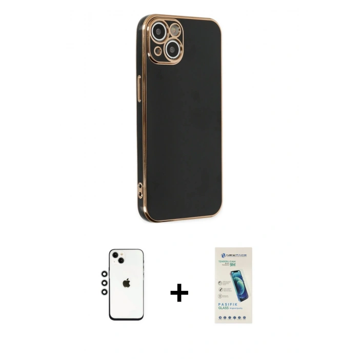 MARSİLYAN™- iPhone 14 Kılıf Yankı Serisi - Şeffaf Pasifik Cam Ekran Koruyucu + Shine Kamera Lens - GS