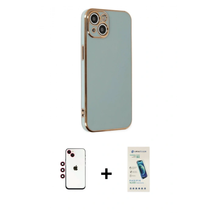 MARSİLYAN™- iPhone 14 Kılıf Yankı Serisi - Şeffaf Pasifik Cam Ekran Koruyucu + Shine Kamera Lens - KI