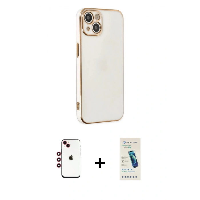 MARSİLYAN™- iPhone 14 Kılıf Yankı Serisi - Şeffaf Pasifik Cam Ekran Koruyucu + Shine Kamera Lens - KI