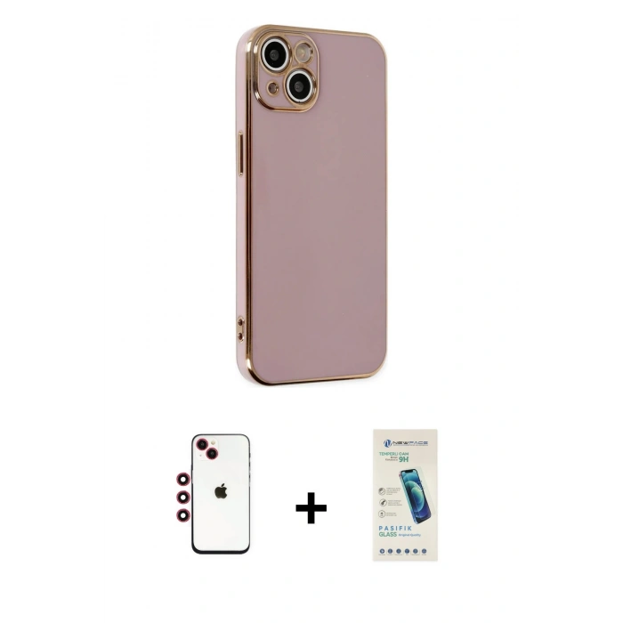 MARSİLYAN™- iPhone 14 Kılıf Yankı Serisi - Şeffaf Pasifik Cam Ekran Koruyucu + Shine Kamera Lens - KI