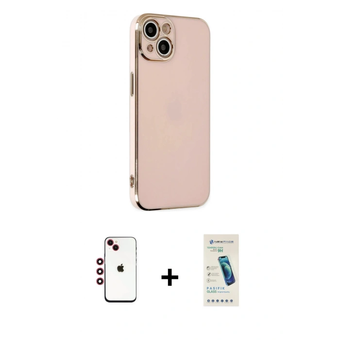 MARSİLYAN™- iPhone 14 Kılıf Yankı Serisi - Şeffaf Pasifik Cam Ekran Koruyucu + Shine Kamera Lens - KI