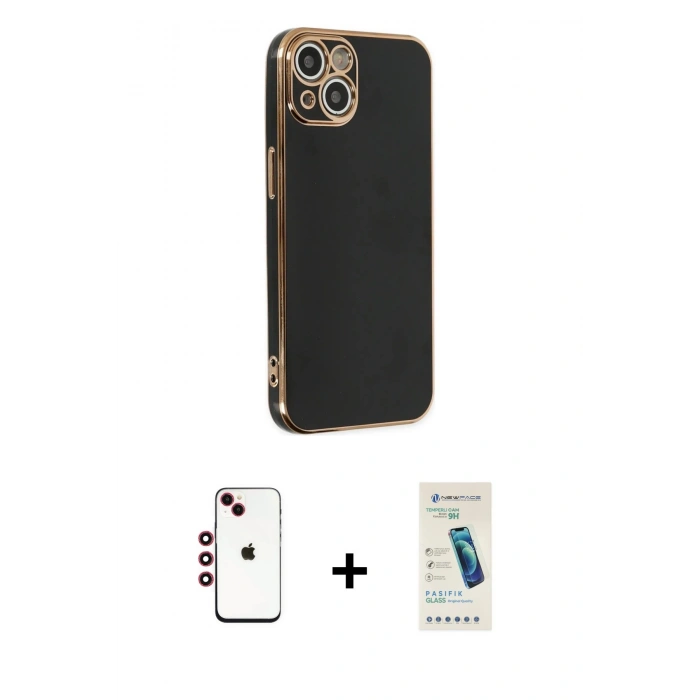 MARSİLYAN™- iPhone 14 Kılıf Yankı Serisi - Şeffaf Pasifik Cam Ekran Koruyucu + Shine Kamera Lens - KI