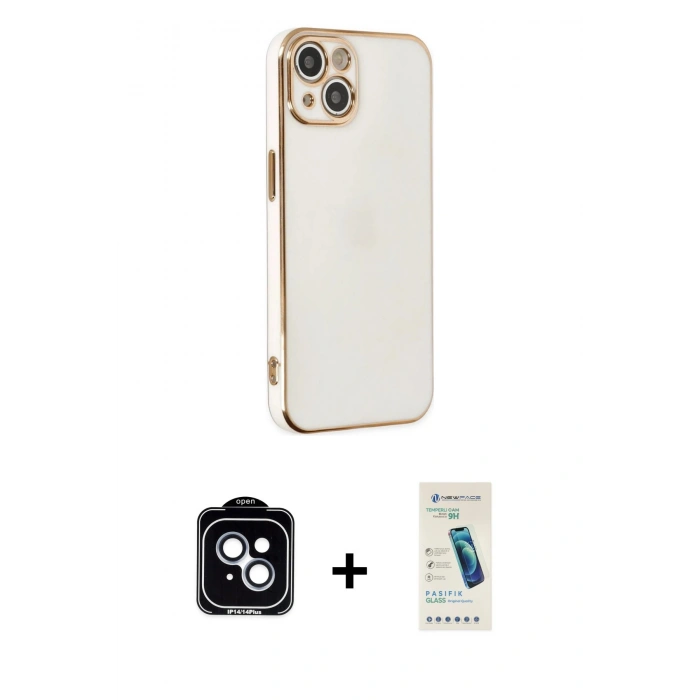 MARSİLYAN™- iPhone 14 Kılıf Yankı Serisi - Şeffaf Pasifik Cam Ekran Koruyucu + PVD Metal Kamera Lens - MI