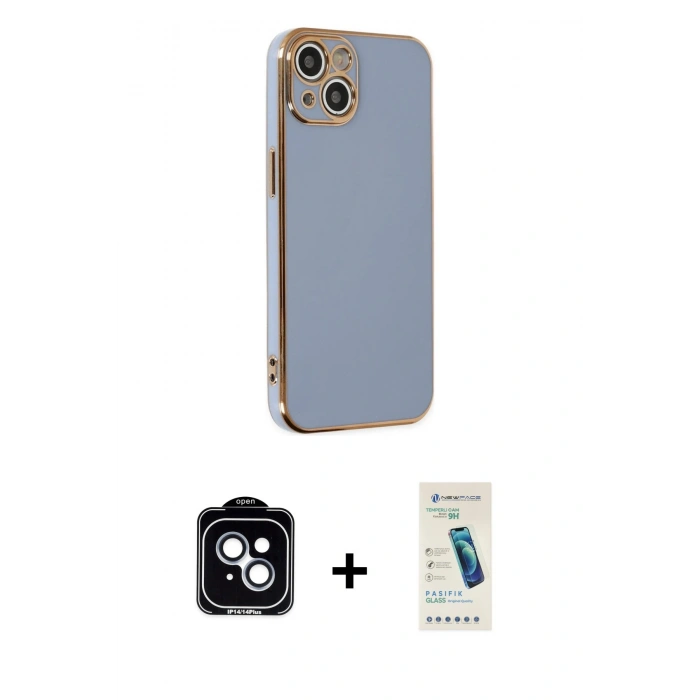 MARSİLYAN™- iPhone 14 Kılıf Yankı Serisi - Şeffaf Pasifik Cam Ekran Koruyucu + PVD Metal Kamera Lens - MI