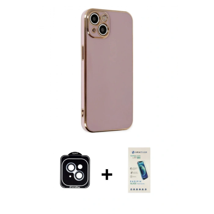 MARSİLYAN™- iPhone 14 Kılıf Yankı Serisi - Şeffaf Pasifik Cam Ekran Koruyucu + PVD Metal Kamera Lens - MI