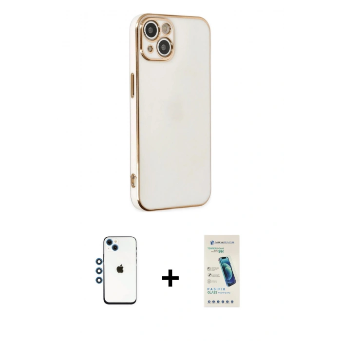 MARSİLYAN™- iPhone 14 Kılıf Yankı Serisi - Şeffaf Pasifik Cam Ekran Koruyucu + Mavi Shine Kamera Lens