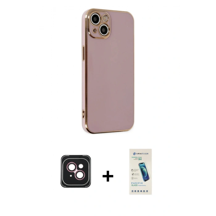 MARSİLYAN™- iPhone 14 Kılıf Yankı Serisi - Şeffaf Pasifik Cam Ekran Koruyucu + PVD Metal Kamera Lens - PE