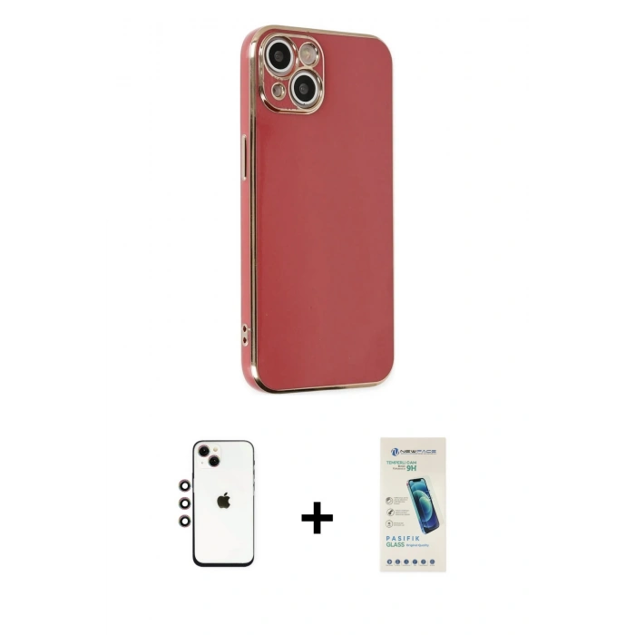 MARSİLYAN™- iPhone 14 Kılıf Yankı Serisi - Şeffaf Pasifik Cam Ekran Koruyucu + Shine Kamera Lens - GI