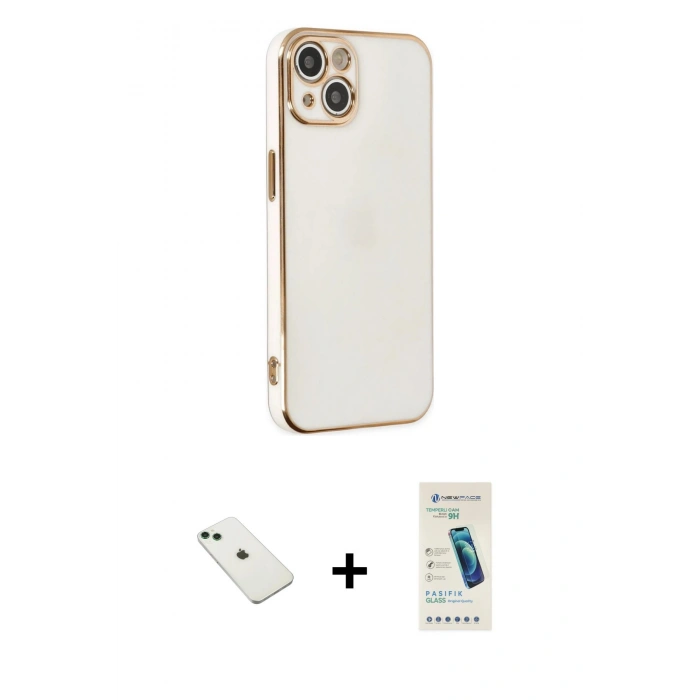 MARSİLYAN™- iPhone 14 Kılıf Yankı Serisi - Şeffaf Pasifik Cam Ekran Koruyucu + Diamond Kamera Lens - YL