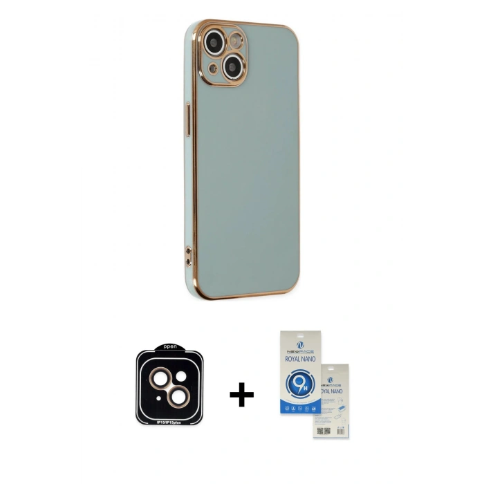MARSİLYAN™- iPhone 14 Kılıf Yankı Serisi - Şeffaf Royal Nano Ekran Koruyucu + PVD Metal Kamera Lens - TU