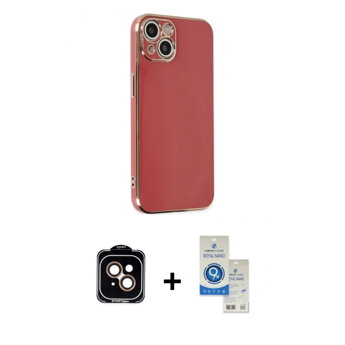 MARSİLYAN™- iPhone 14 Kılıf Yankı Serisi - Şeffaf Royal Nano Ekran Koruyucu + PVD Metal Kamera Lens - TU