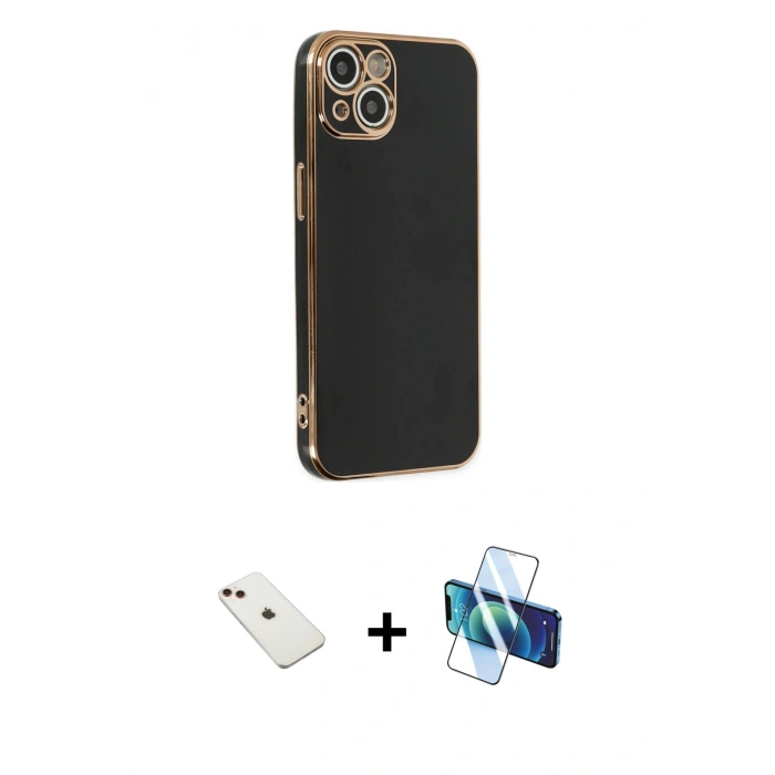 MARSİLYAN™- iPhone 14 Kılıf Yankı Serisi - Siyah 3D Antistatik Cam Ekran Koruyucu + Diamond Kamera Lens - KI