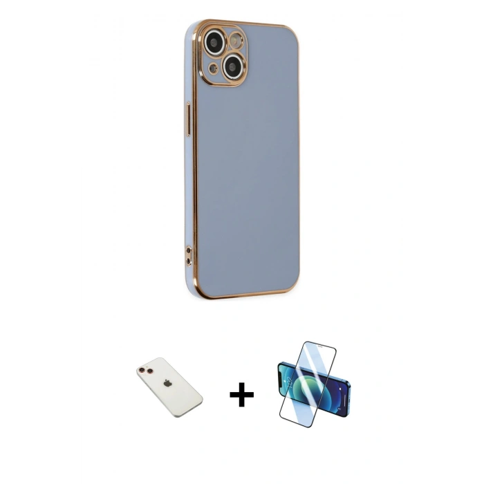 MARSİLYAN™- iPhone 14 Kılıf Yankı Serisi - Siyah 3D Antistatik Cam Ekran Koruyucu + Diamond Kamera Lens - KI