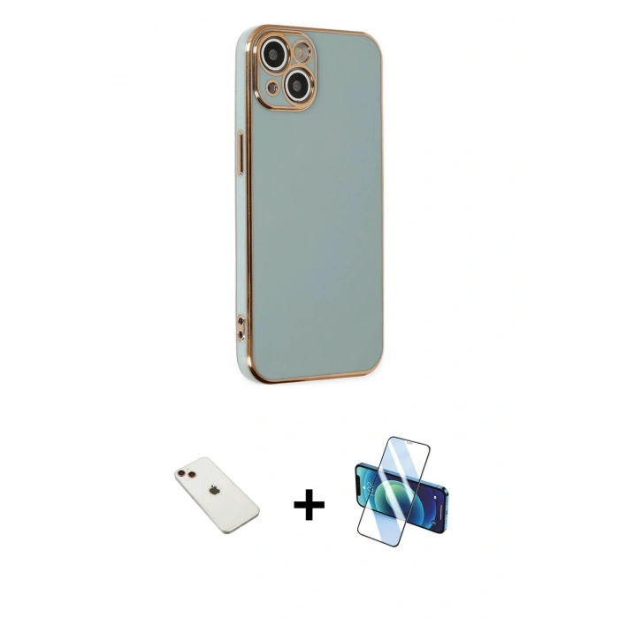 MARSİLYAN™- iPhone 14 Kılıf Yankı Serisi - Siyah 3D Antistatik Cam Ekran Koruyucu + Diamond Kamera Lens - KI
